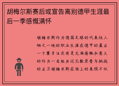 胡梅尔斯赛后或宣告离别德甲生涯最后一季感慨满怀
